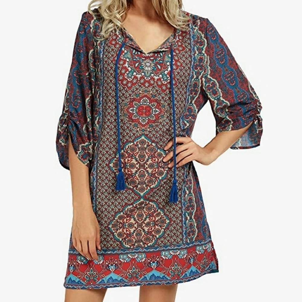Urban Coco Bohemian Split V- Neck Tassle Tie Side Slit Swimsuit Cover-up Size XL